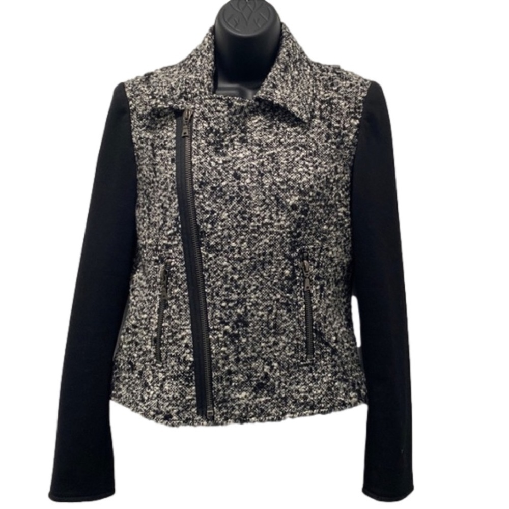 NWOT Tahari Black Speckled Wool Blend (Bouclé) Moto Jacket Diagonal Zip Front